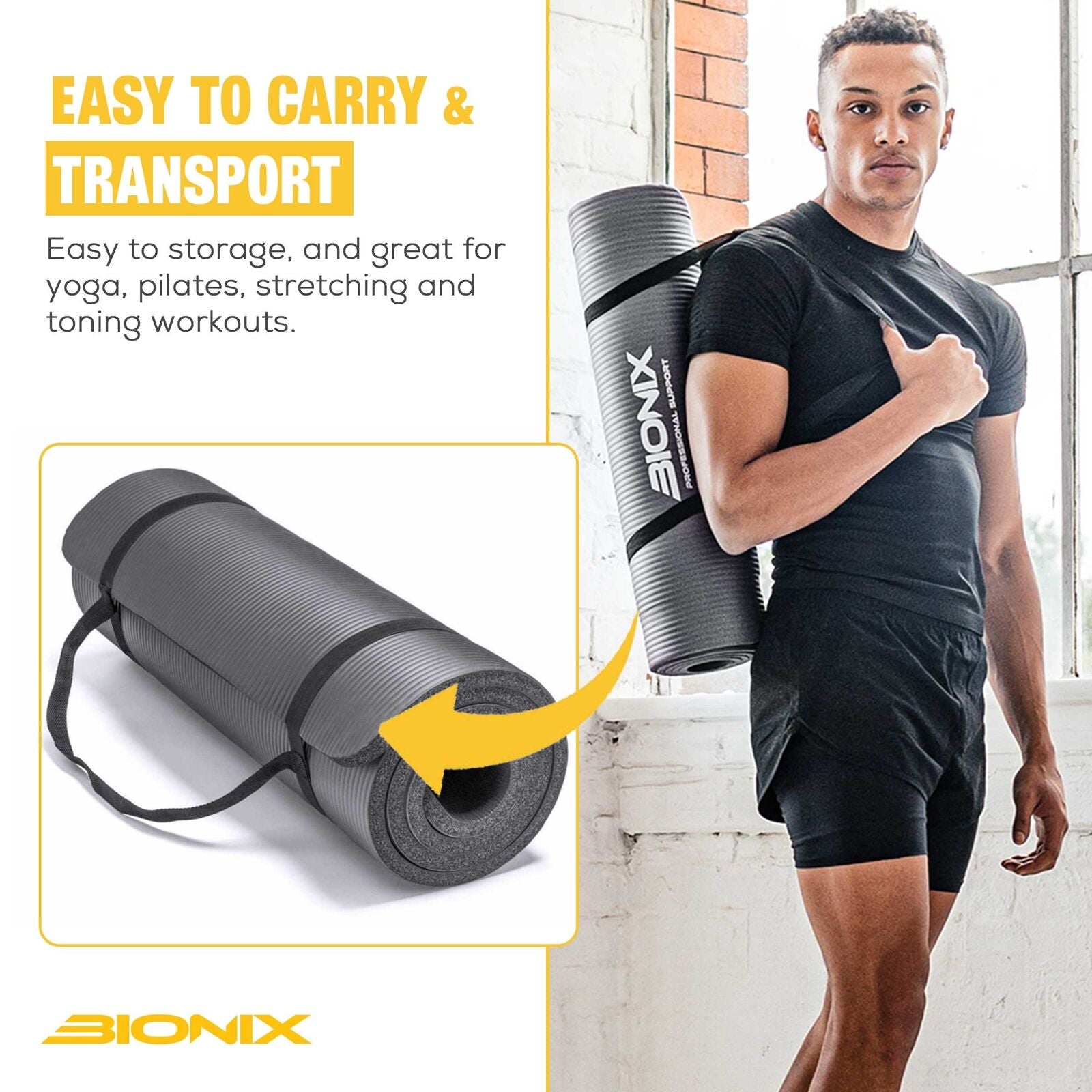 Yoga Mat Thick 10Mm Non Slip Gym Exercise Fitness Pilates Carry Strap NBR 183X62