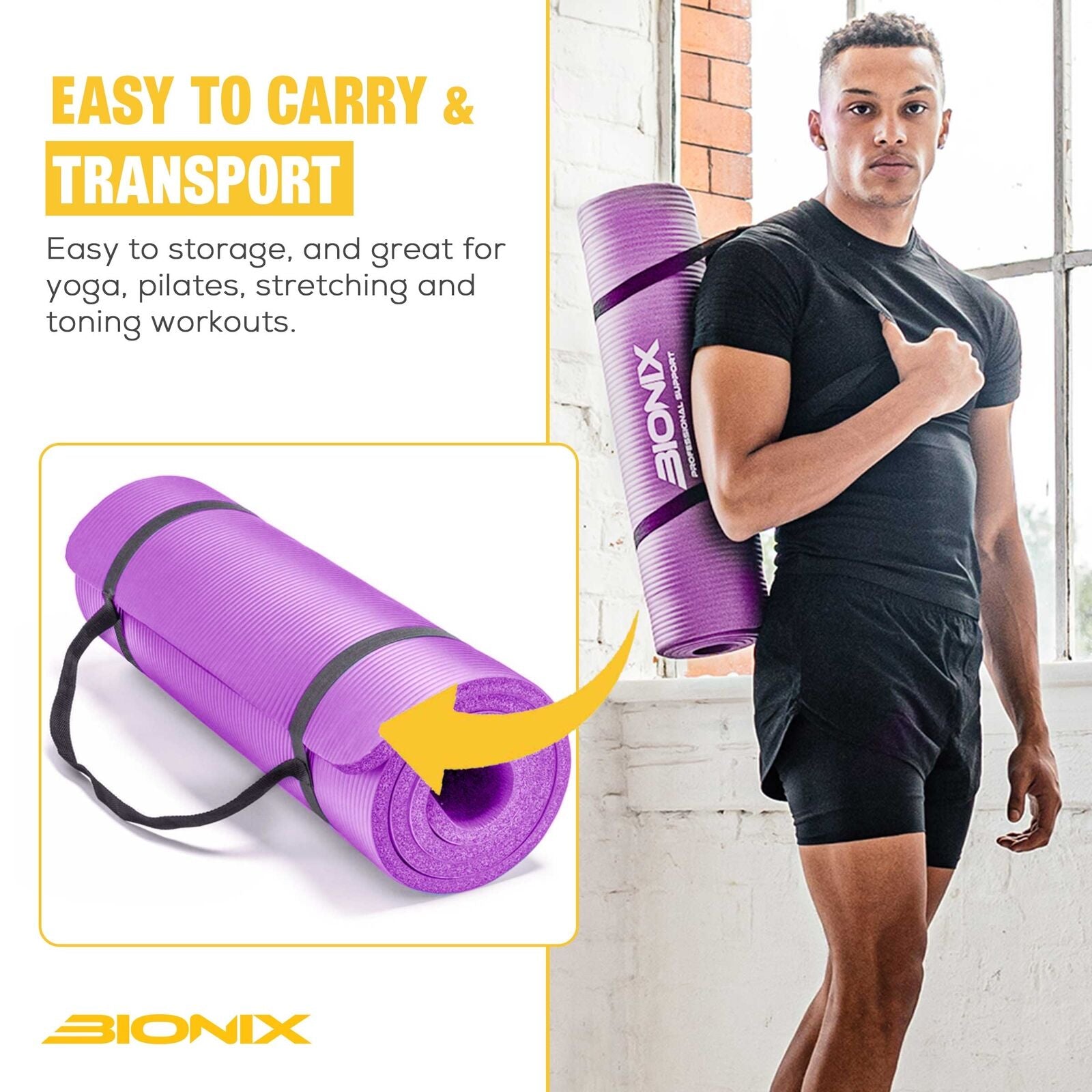 Yoga Mat Thick 10Mm Non Slip Gym Exercise Fitness Pilates Carry Strap NBR 183X62